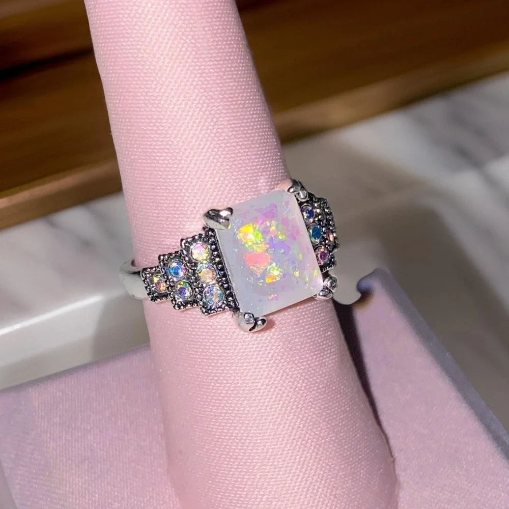 New Sz 9 Silver Opal Tiered Cluster Statement Square Cocktail Ring